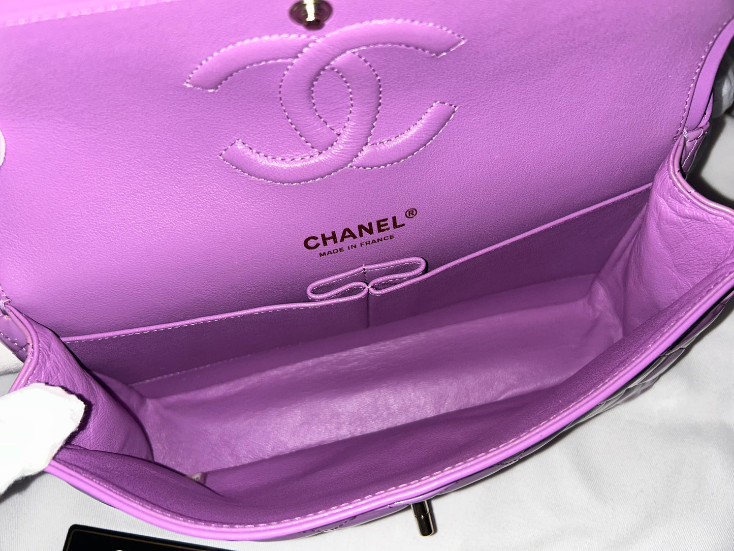 CHANEL Medium Classic Double Flap Quilted Patent Leather Handbag Lilac / Gold