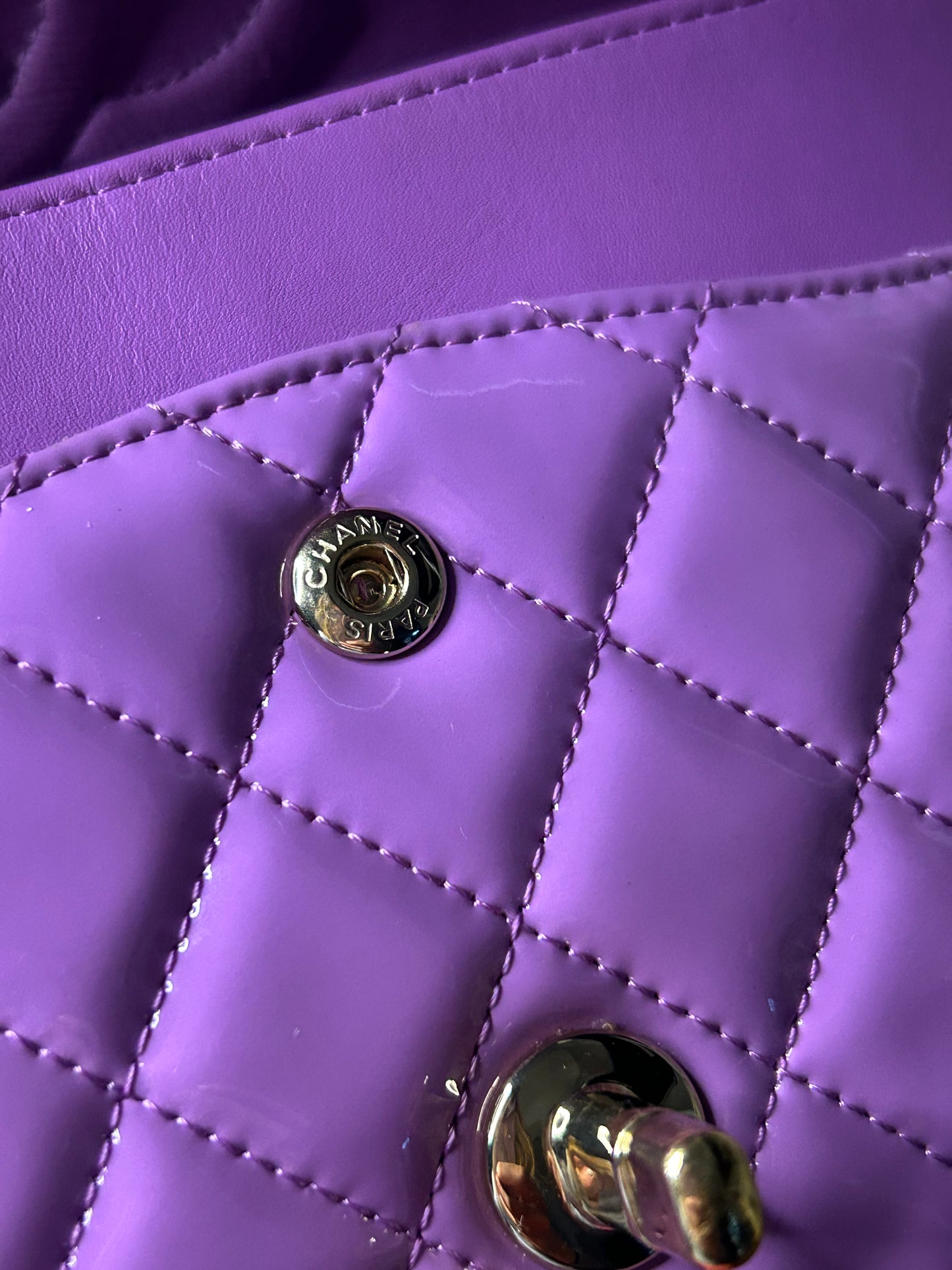 CHANEL Medium Classic Double Flap Quilted Patent Leather Handbag Lilac / Gold