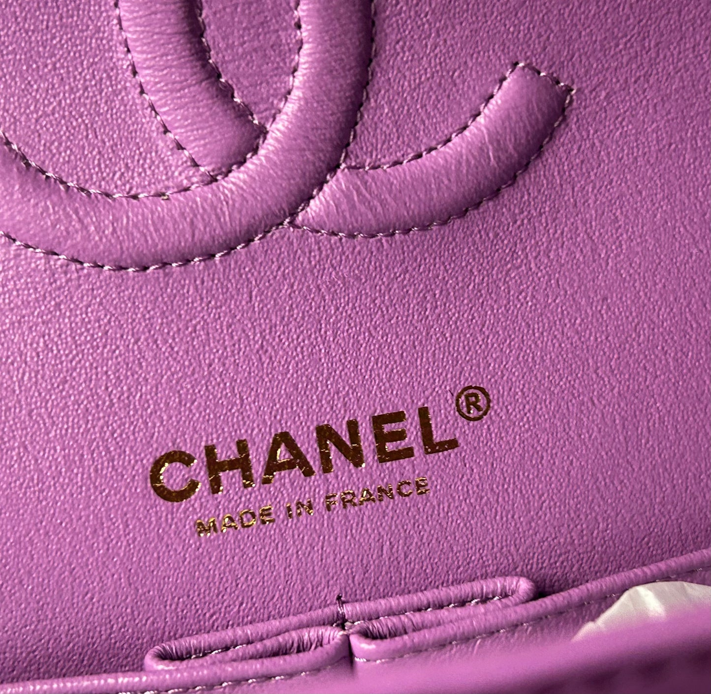 CHANEL Medium Classic Double Flap Quilted Patent Leather Handbag Lilac / Gold
