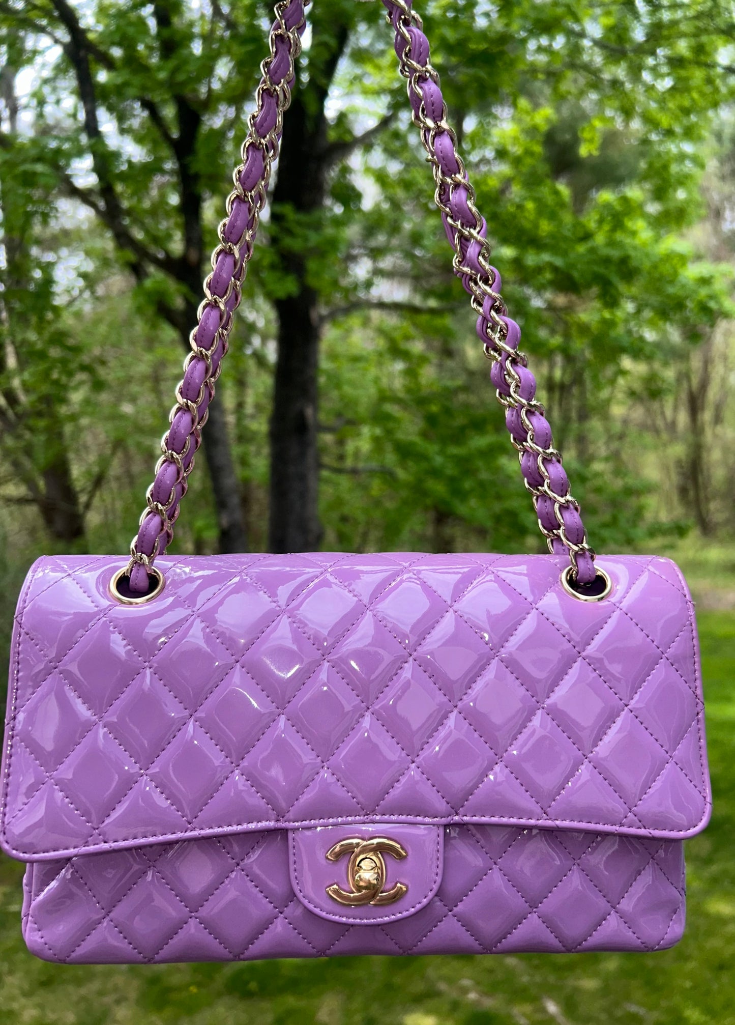CHANEL Medium Classic Double Flap Quilted Patent Leather Handbag Lilac / Gold