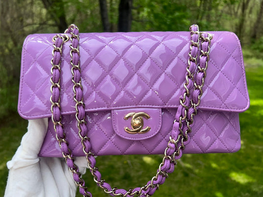 CHANEL Medium Classic Double Flap Quilted Patent Leather Handbag Lilac / Gold
