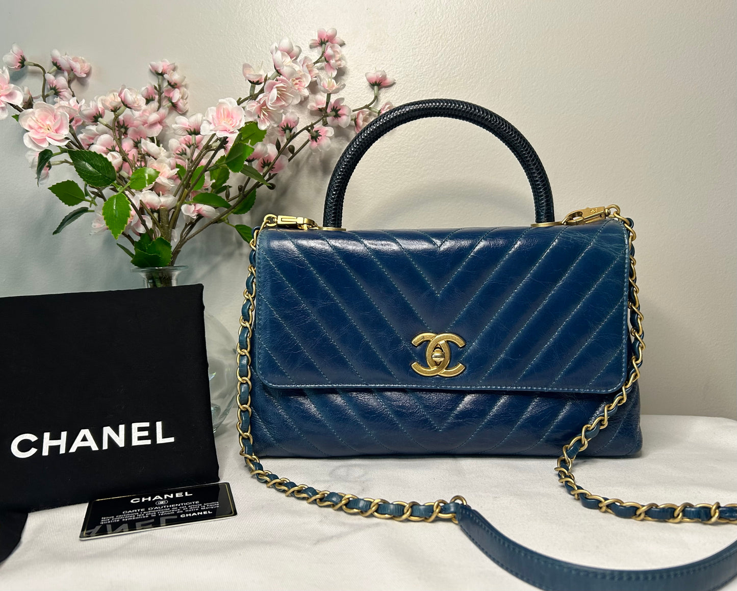 CHANEL Medium Coco Top Handle Bag Chevron Quilted Calfskin w/ Lizard Handle Blue