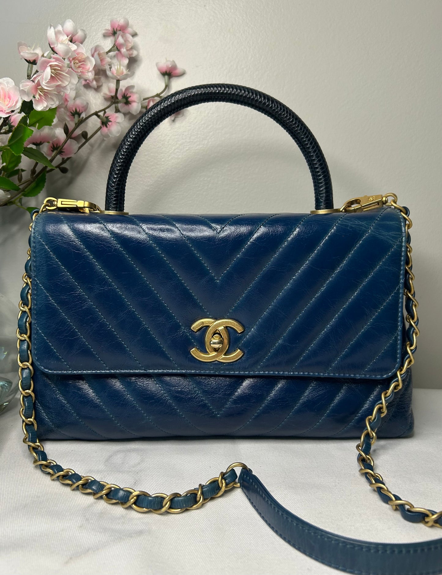 CHANEL Medium Coco Top Handle Bag Chevron Quilted Calfskin w/ Lizard Handle Blue
