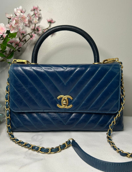 CHANEL Medium Coco Top Handle Bag Chevron Quilted Calfskin w/ Lizard Handle Blue