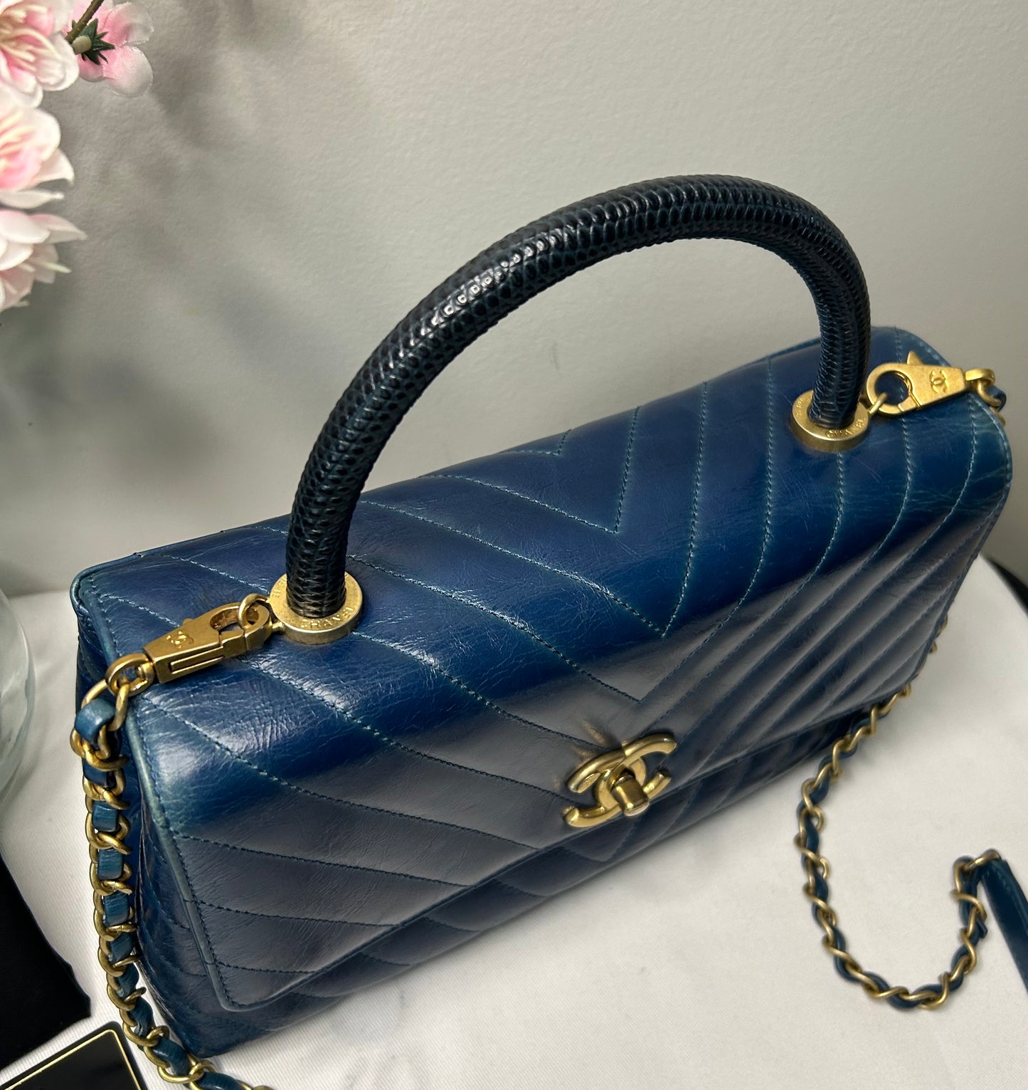 CHANEL Medium Coco Top Handle Bag Chevron Quilted Calfskin w/ Lizard Handle Blue