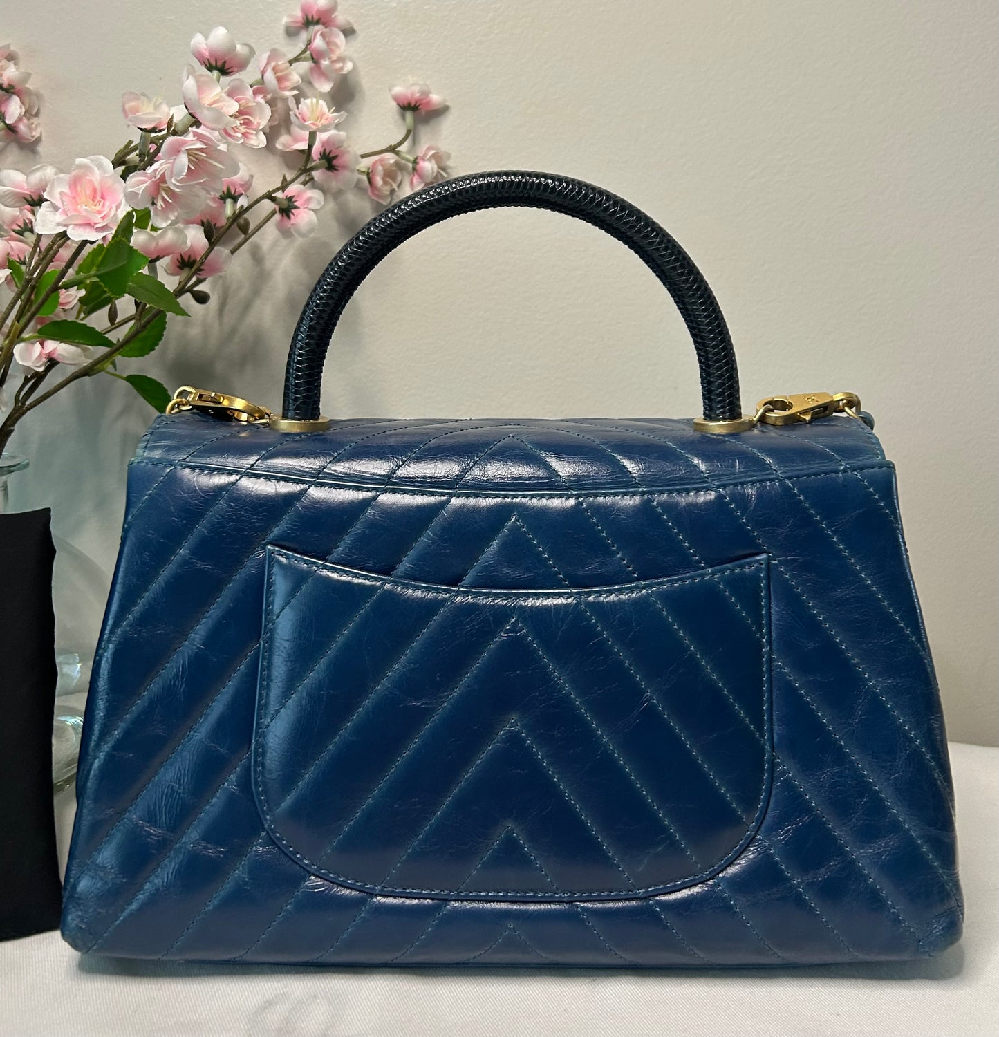 CHANEL Medium Coco Top Handle Bag Chevron Quilted Calfskin w/ Lizard Handle Blue