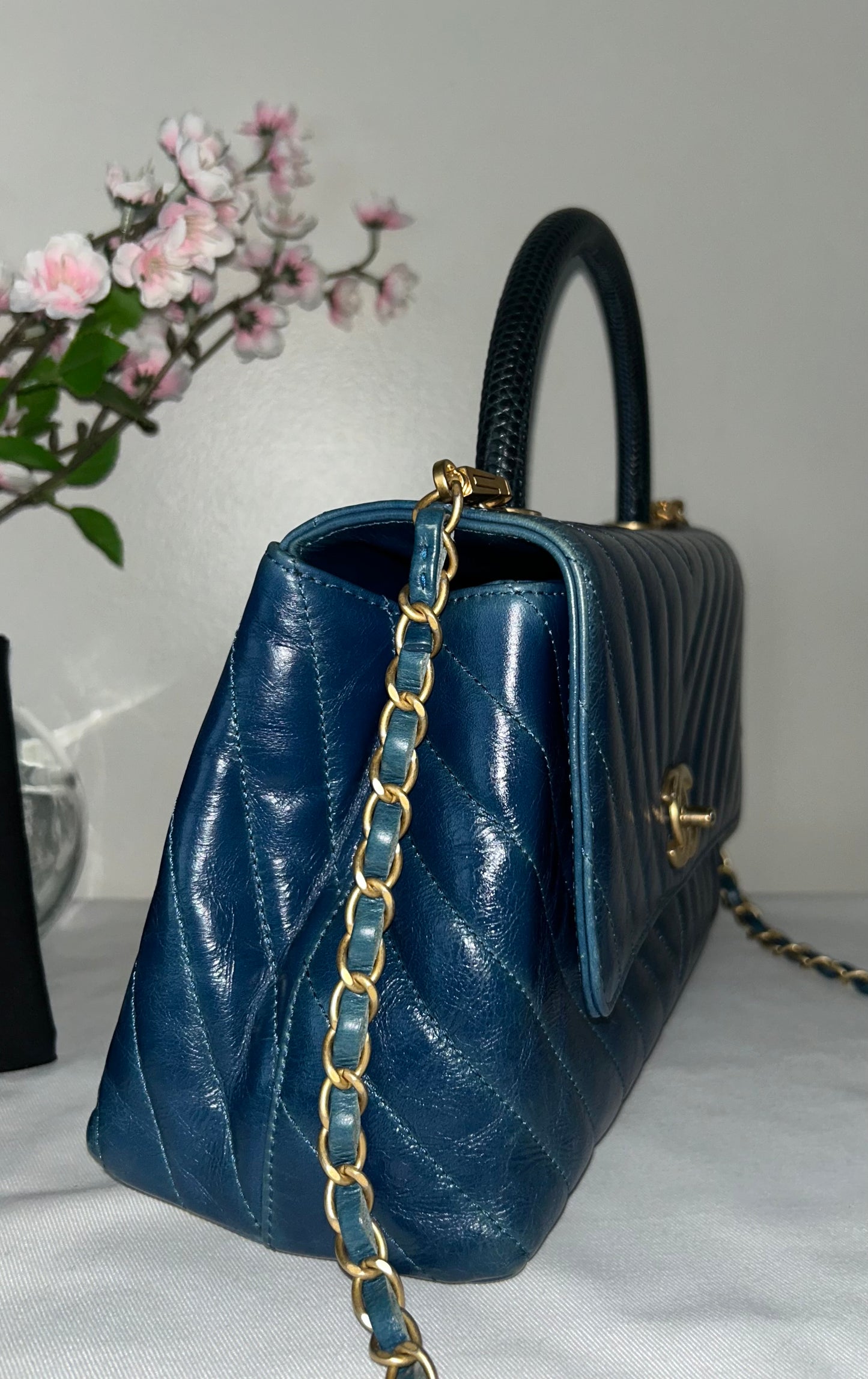 CHANEL Medium Coco Top Handle Bag Chevron Quilted Calfskin w/ Lizard Handle Blue