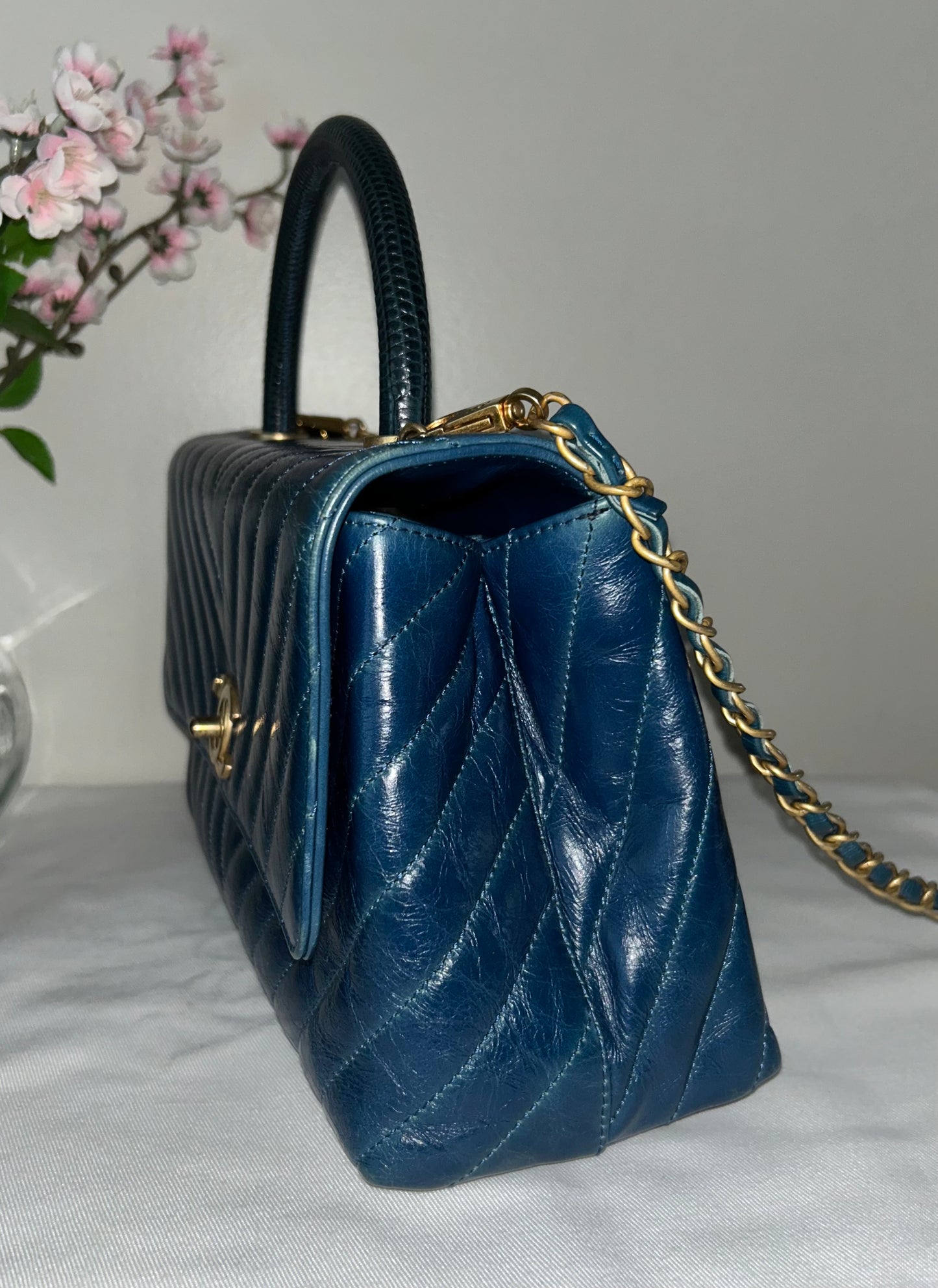 CHANEL Medium Coco Top Handle Bag Chevron Quilted Calfskin w/ Lizard Handle Blue