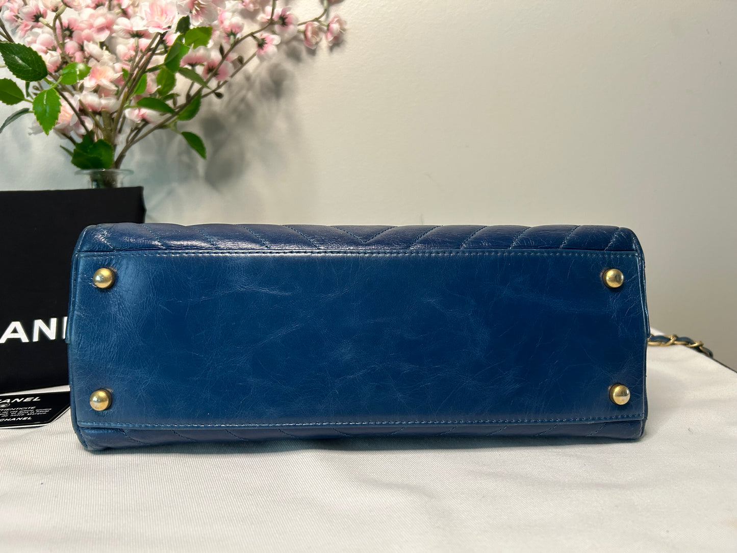 CHANEL Medium Coco Top Handle Bag Chevron Quilted Calfskin w/ Lizard Handle Blue