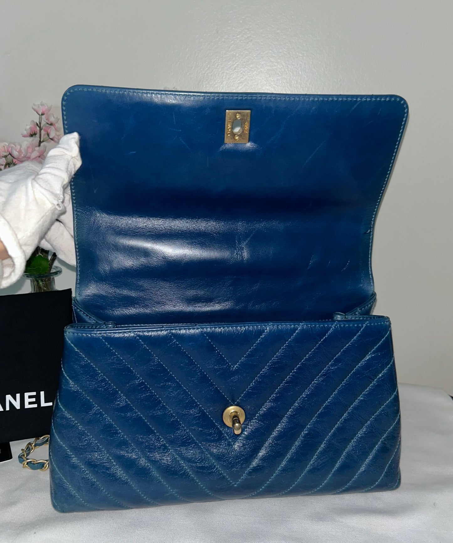 CHANEL Medium Coco Top Handle Bag Chevron Quilted Calfskin w/ Lizard Handle Blue