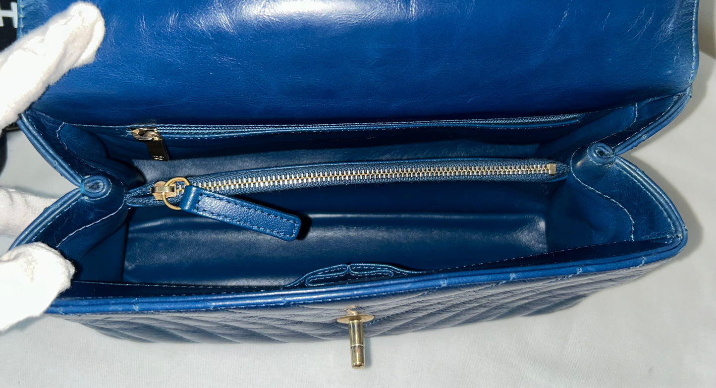 CHANEL Medium Coco Top Handle Bag Chevron Quilted Calfskin w/ Lizard Handle Blue