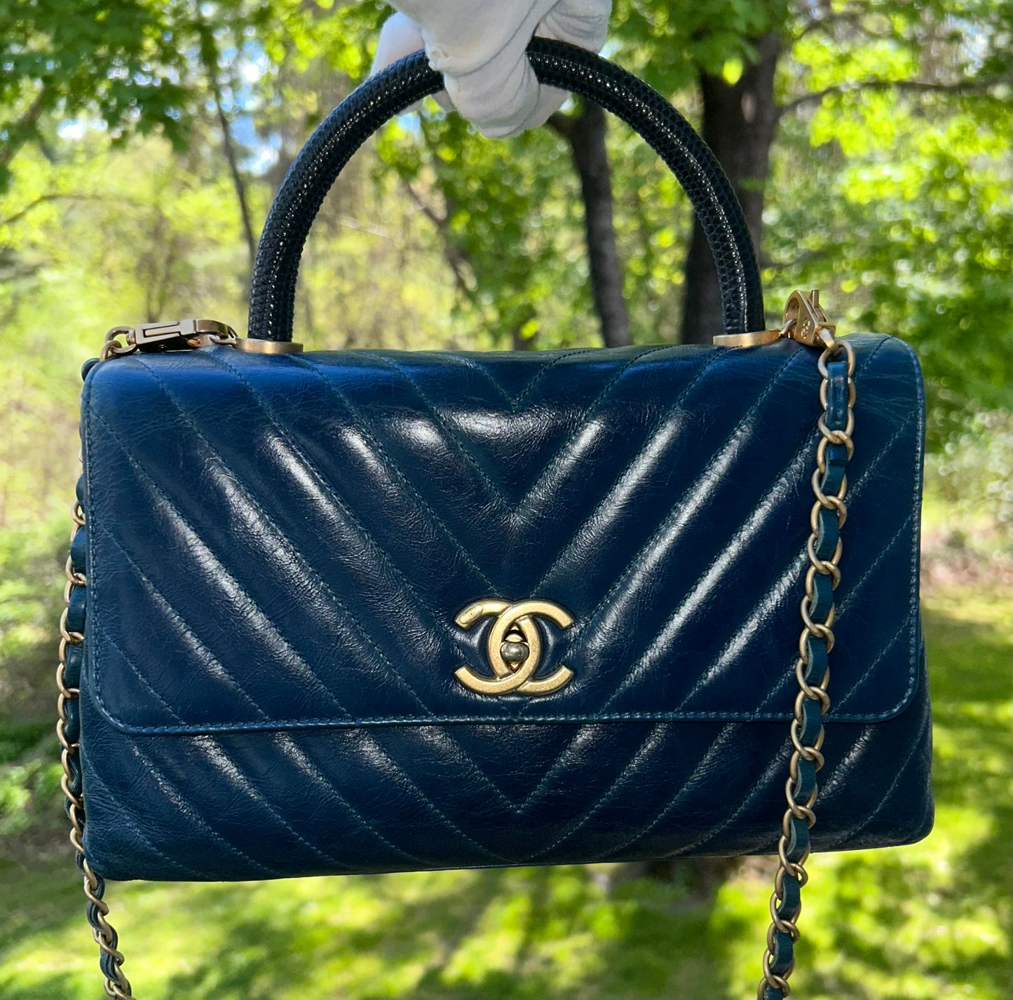 CHANEL Medium Coco Top Handle Bag Chevron Quilted Calfskin w/ Lizard Handle Blue