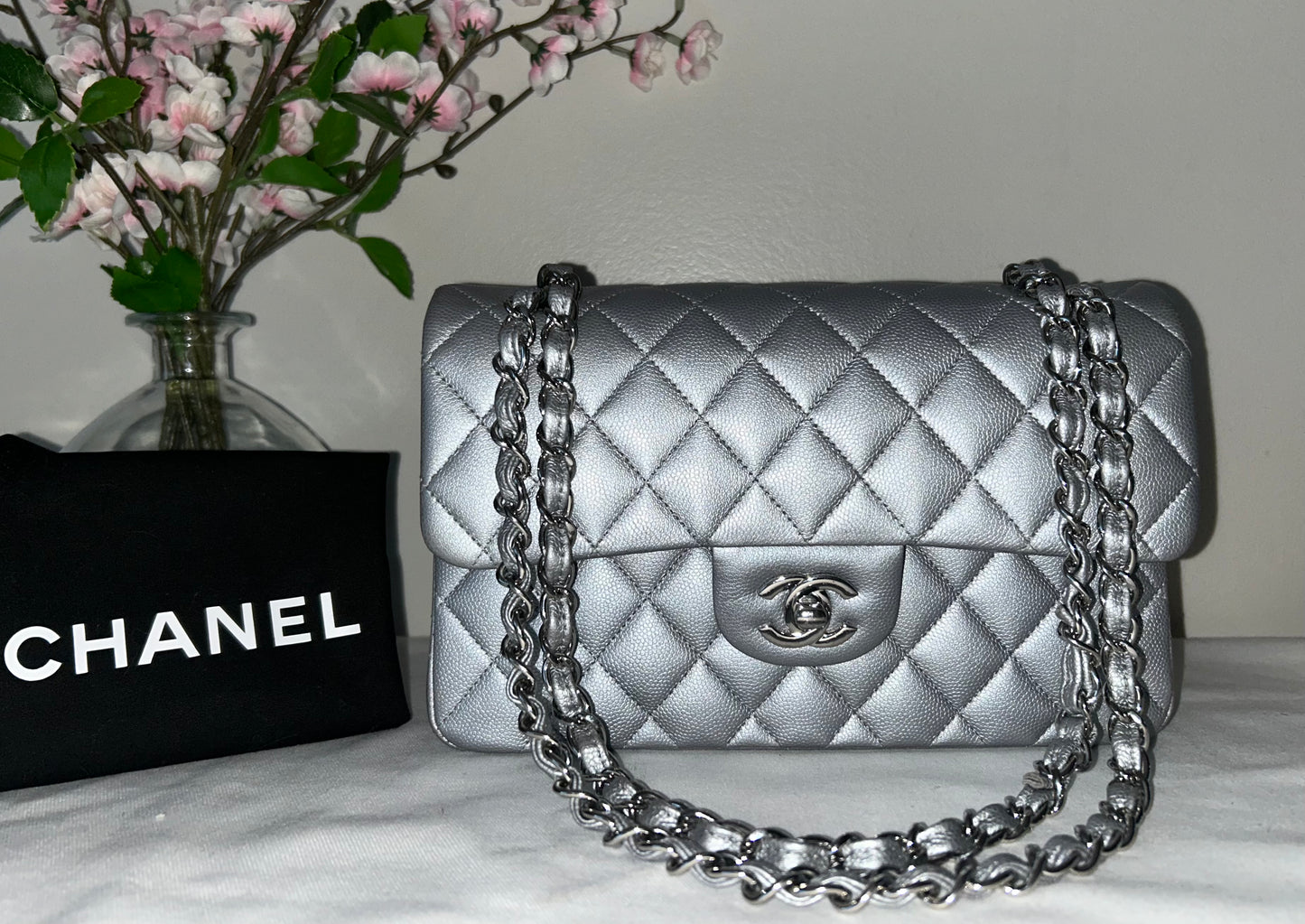 CHANEL Small Classic Double Flap Caviar Quilted Handbag Silver