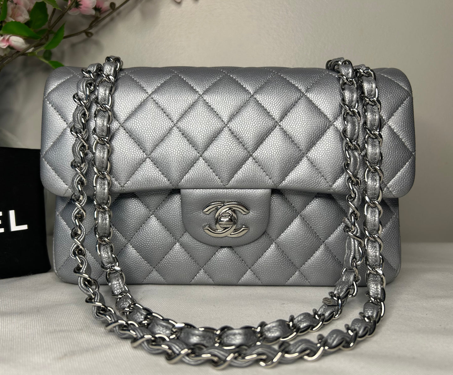 CHANEL Small Classic Double Flap Caviar Quilted Handbag Silver
