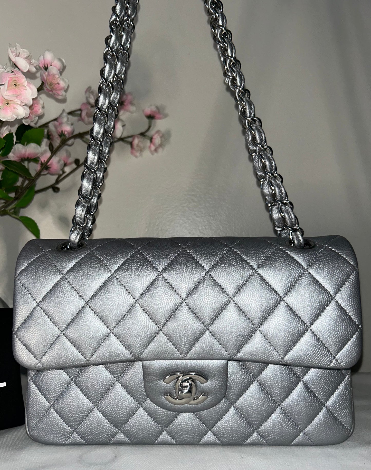 CHANEL Small Classic Double Flap Caviar Quilted Handbag Silver