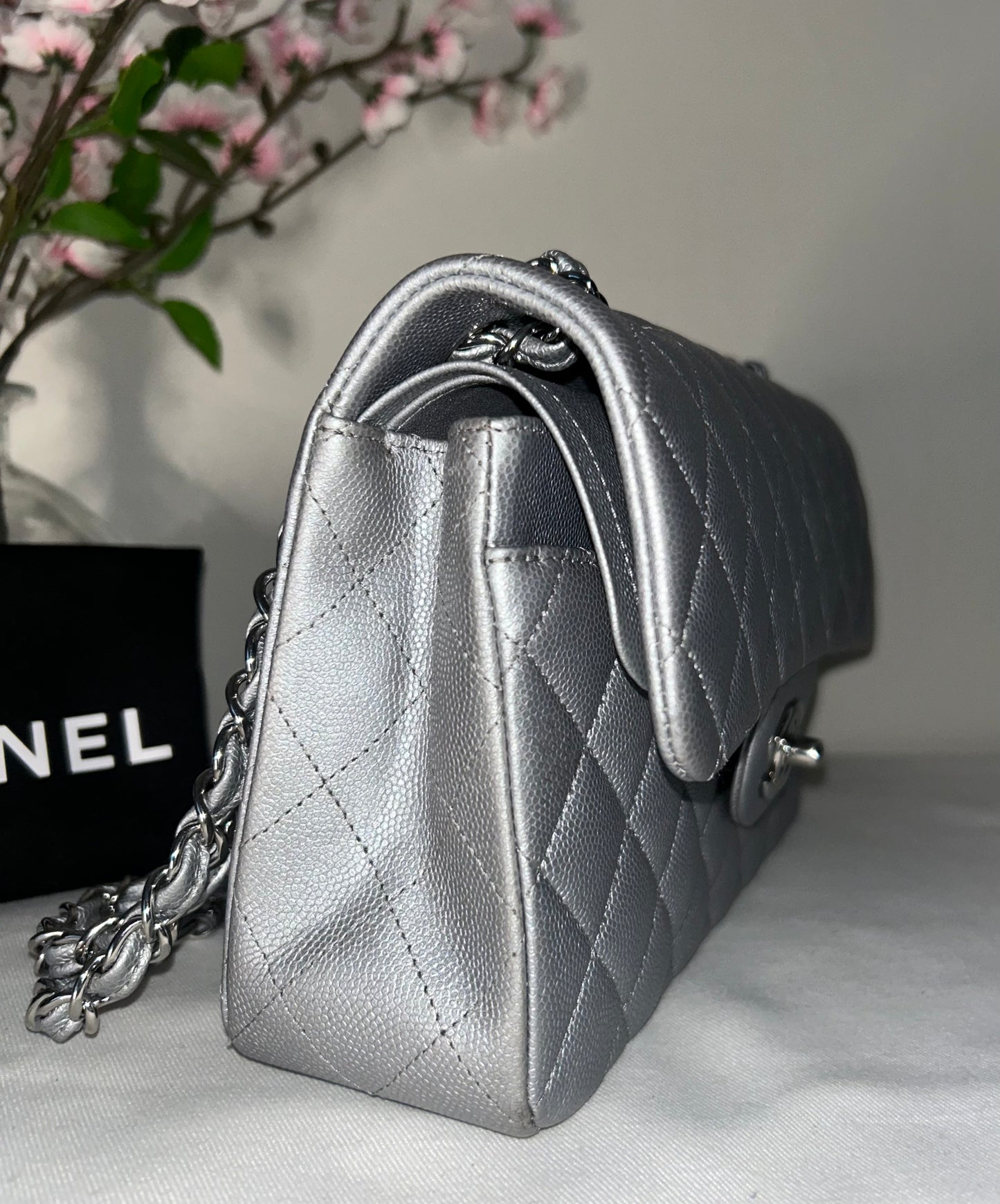 CHANEL Small Classic Double Flap Caviar Quilted Handbag Silver