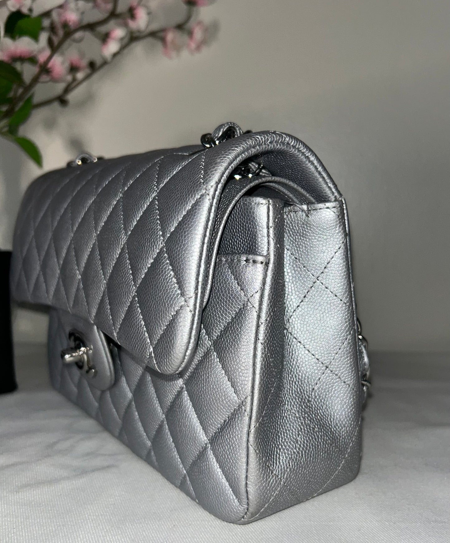 CHANEL Small Classic Double Flap Caviar Quilted Handbag Silver