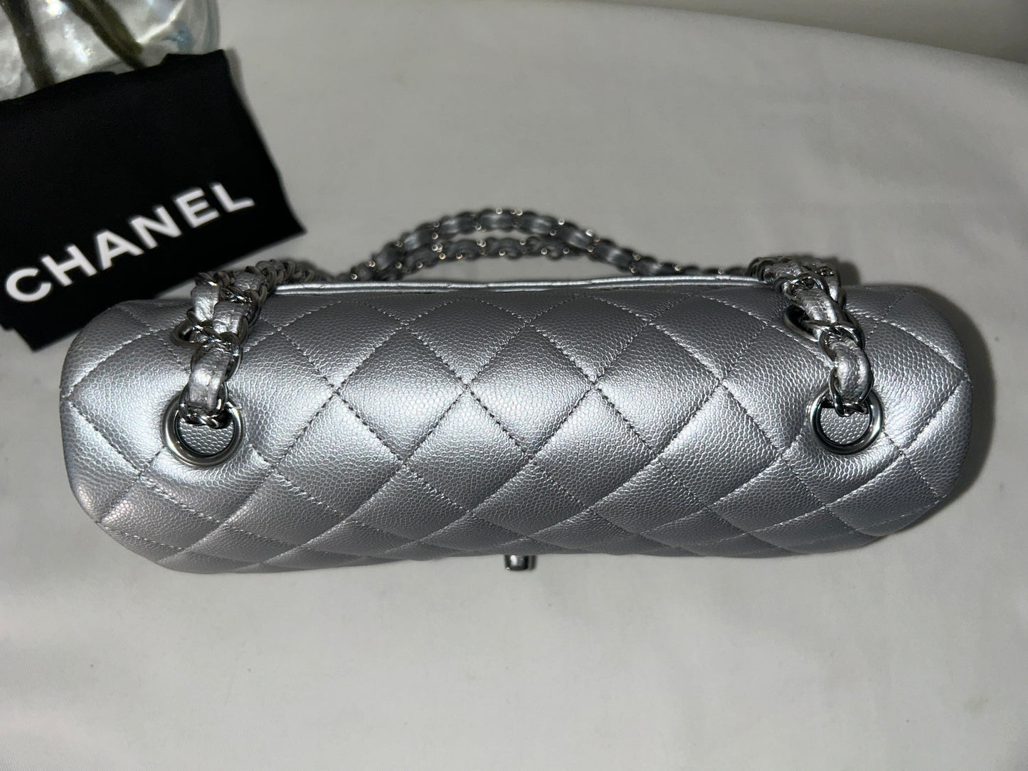 CHANEL Small Classic Double Flap Caviar Quilted Handbag Silver