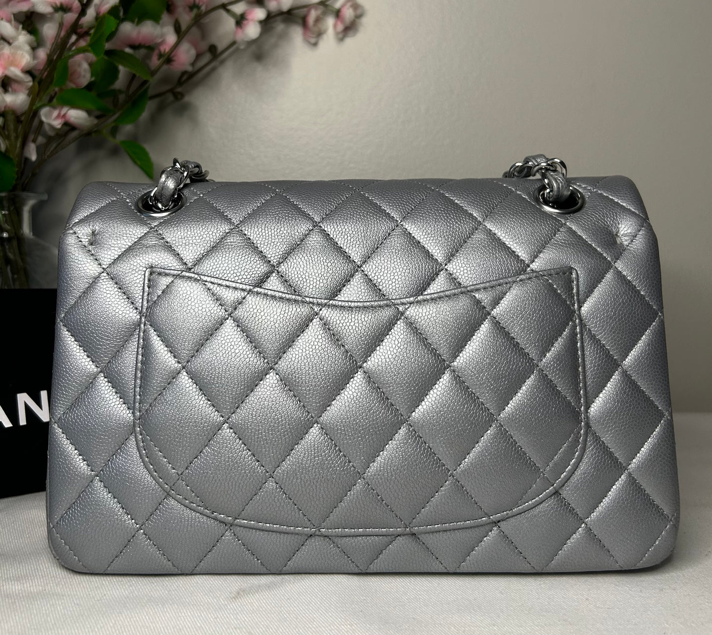 CHANEL Small Classic Double Flap Caviar Quilted Handbag Silver