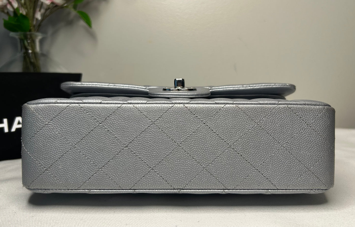 CHANEL Small Classic Double Flap Caviar Quilted Handbag Silver