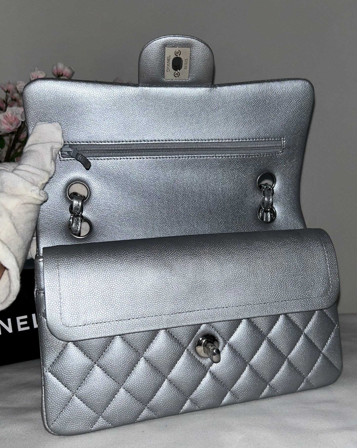 CHANEL Small Classic Double Flap Caviar Quilted Handbag Silver