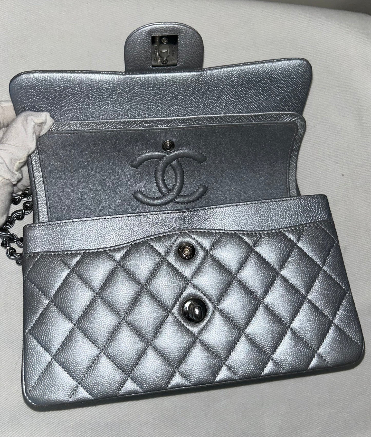 CHANEL Small Classic Double Flap Caviar Quilted Handbag Silver