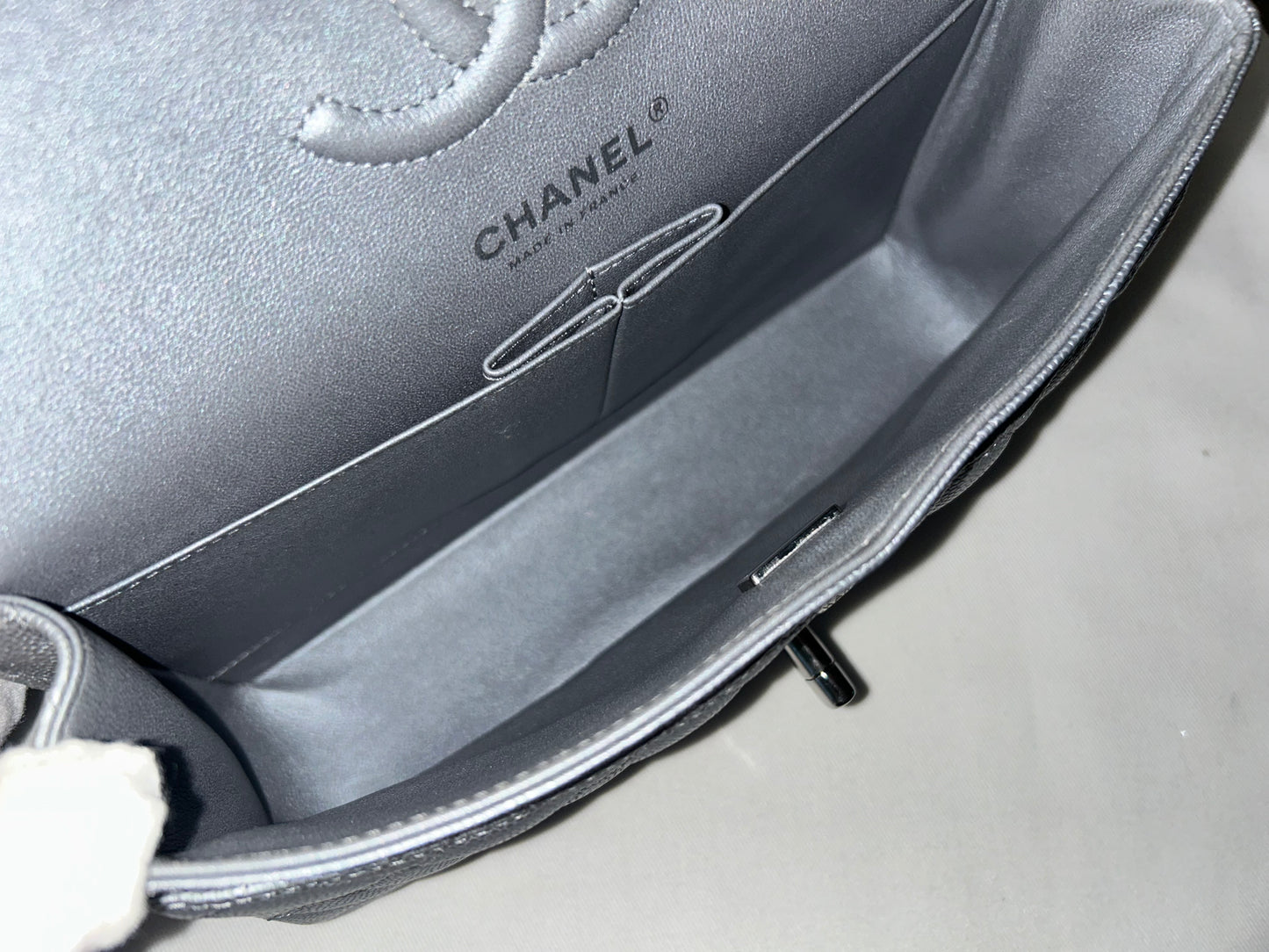 CHANEL Small Classic Double Flap Caviar Quilted Handbag Silver
