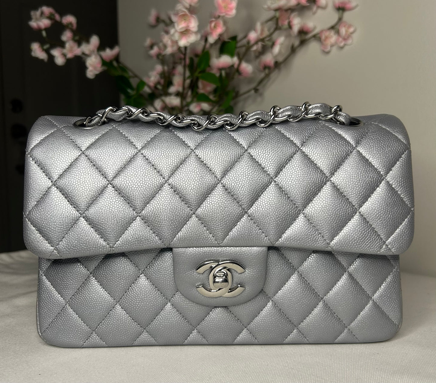 CHANEL Small Classic Double Flap Caviar Quilted Handbag Silver