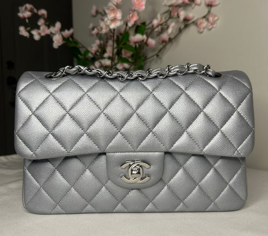 CHANEL Small Classic Double Flap Caviar Quilted Handbag Silver