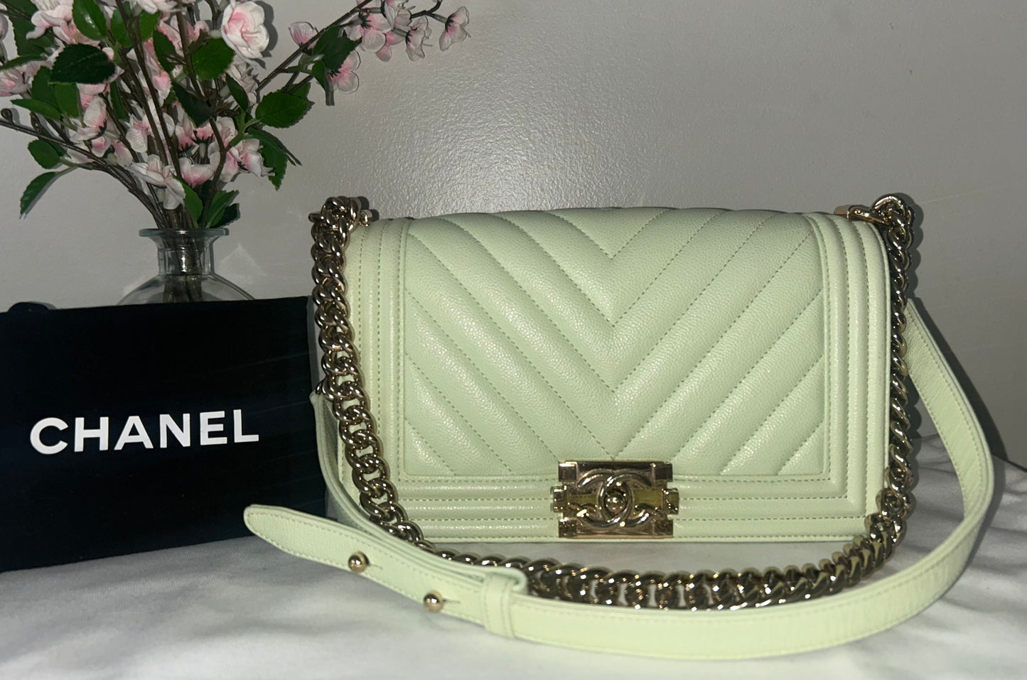 CHANEL Medium Boy Flap Bag Chevron Quilted Caviar Leather Mint Light Green / GHW