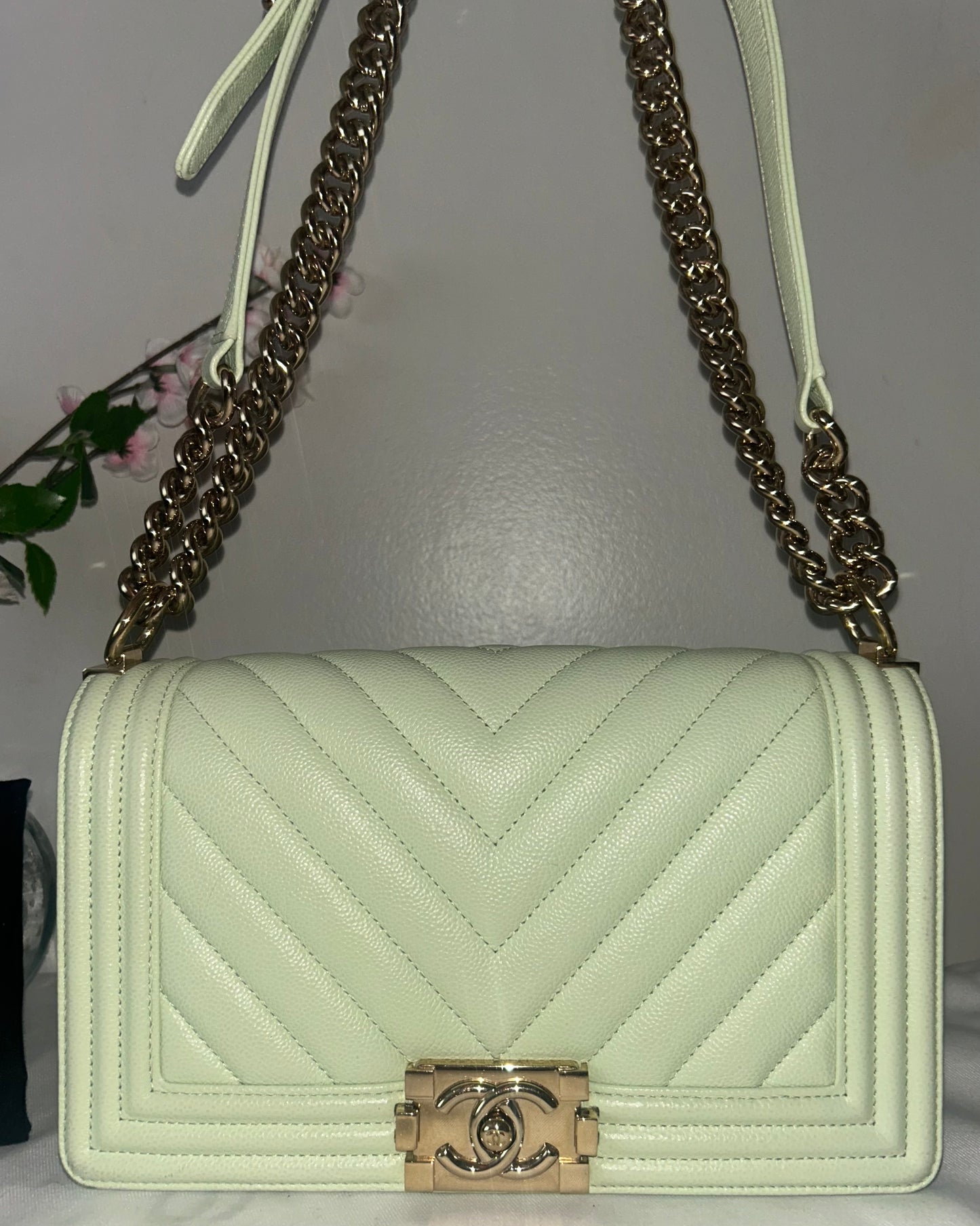 CHANEL Medium Boy Flap Bag Chevron Quilted Caviar Leather Mint Light Green / GHW