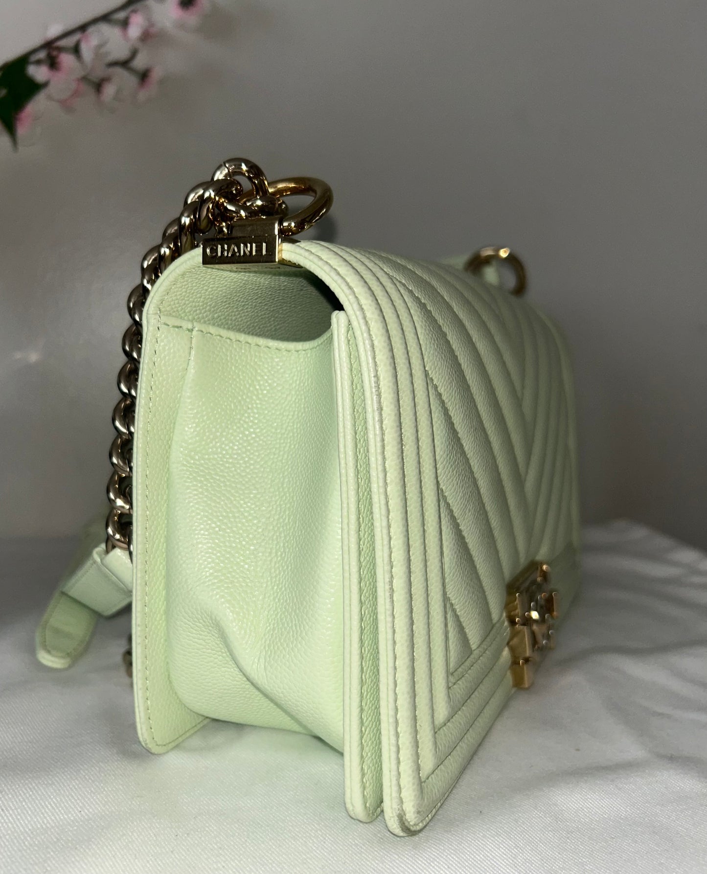 CHANEL Medium Boy Flap Bag Chevron Quilted Caviar Leather Mint Light Green / GHW