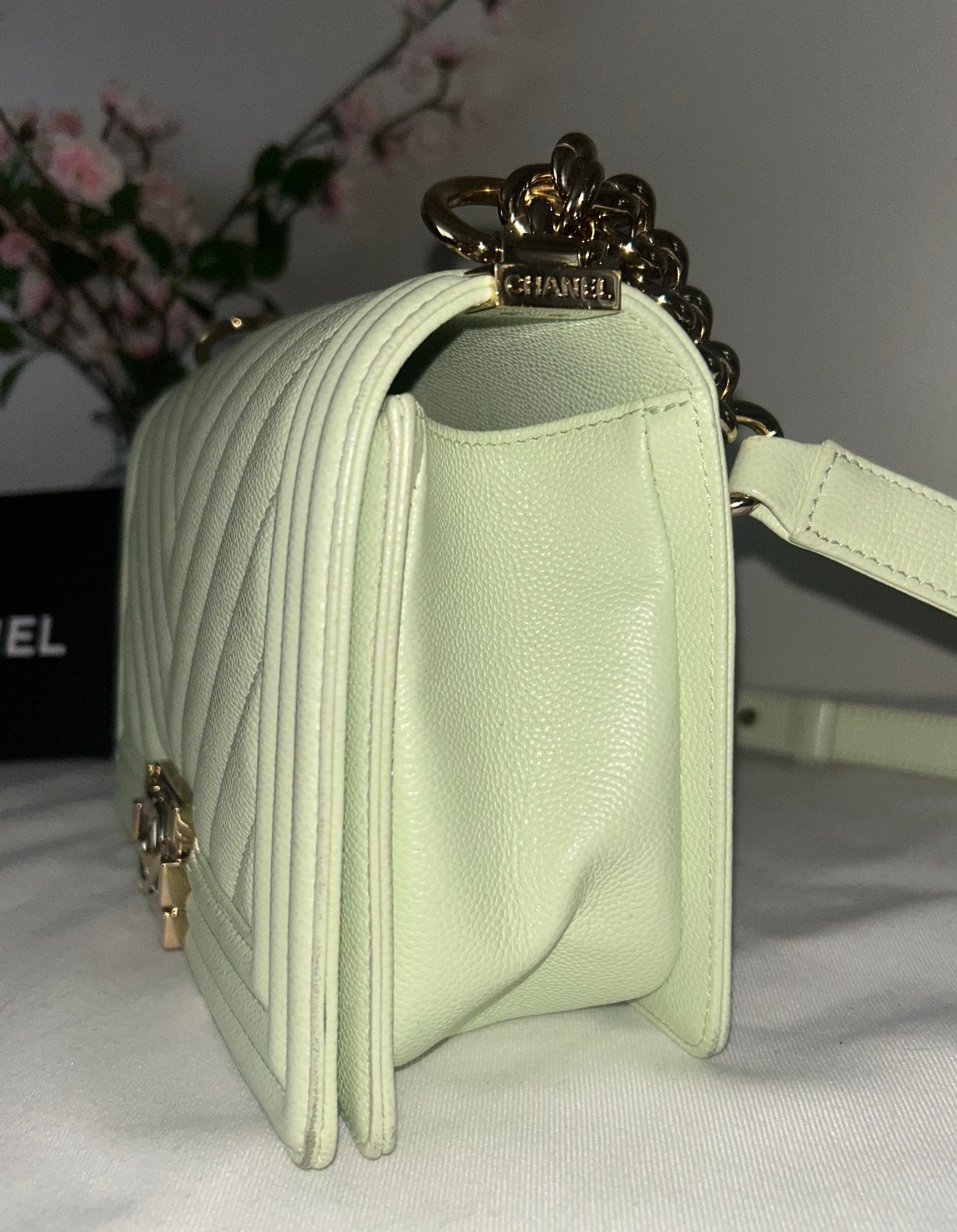 CHANEL Medium Boy Flap Bag Chevron Quilted Caviar Leather Mint Light Green / GHW