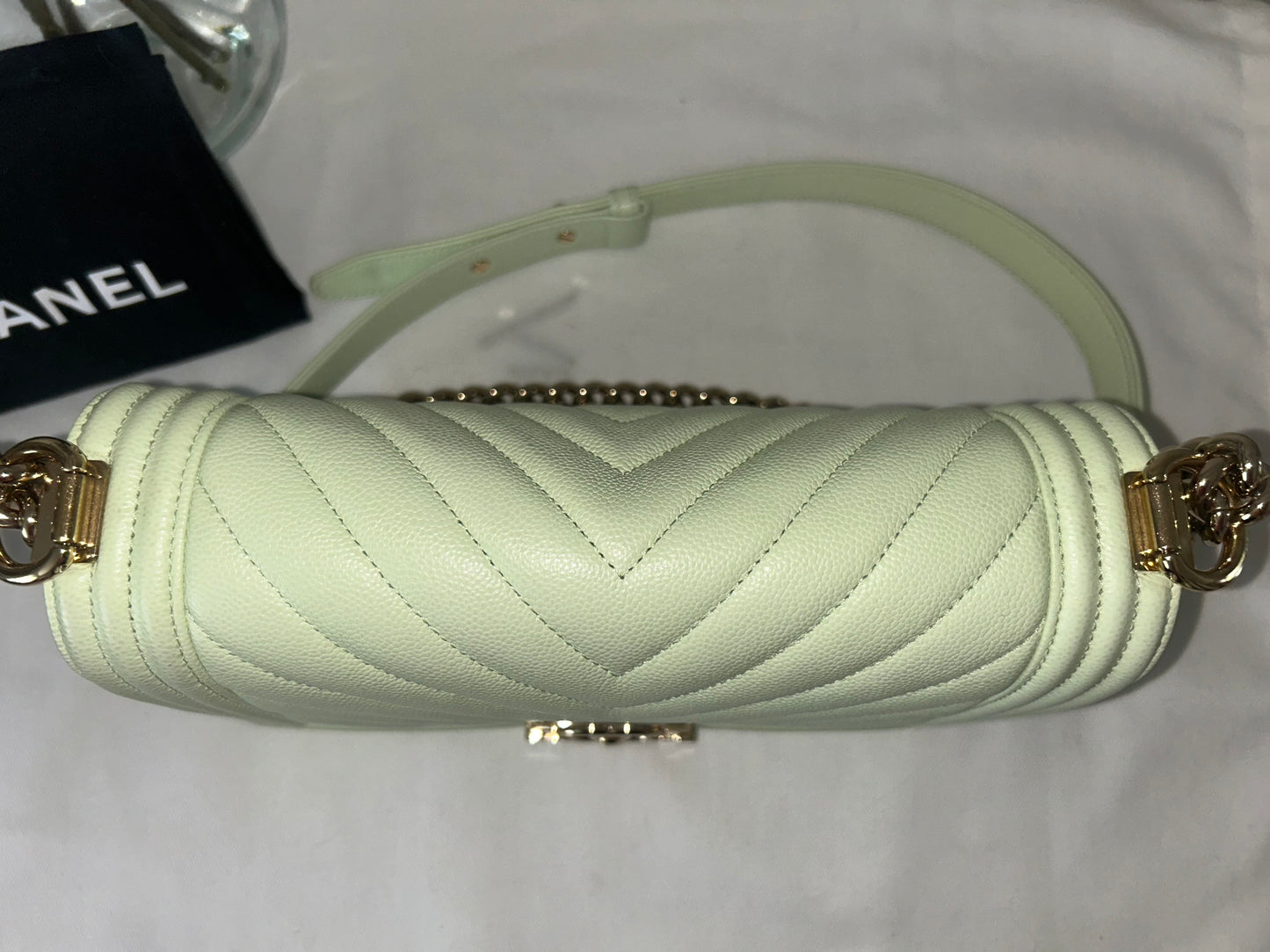 CHANEL Medium Boy Flap Bag Chevron Quilted Caviar Leather Mint Light Green / GHW