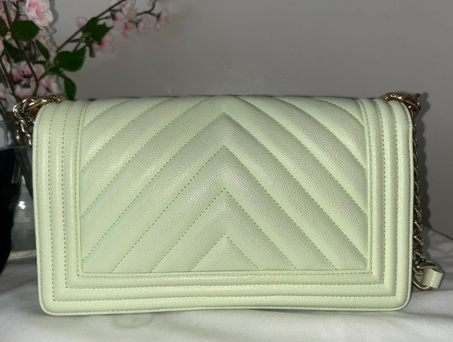 CHANEL Medium Boy Flap Bag Chevron Quilted Caviar Leather Mint Light Green / GHW