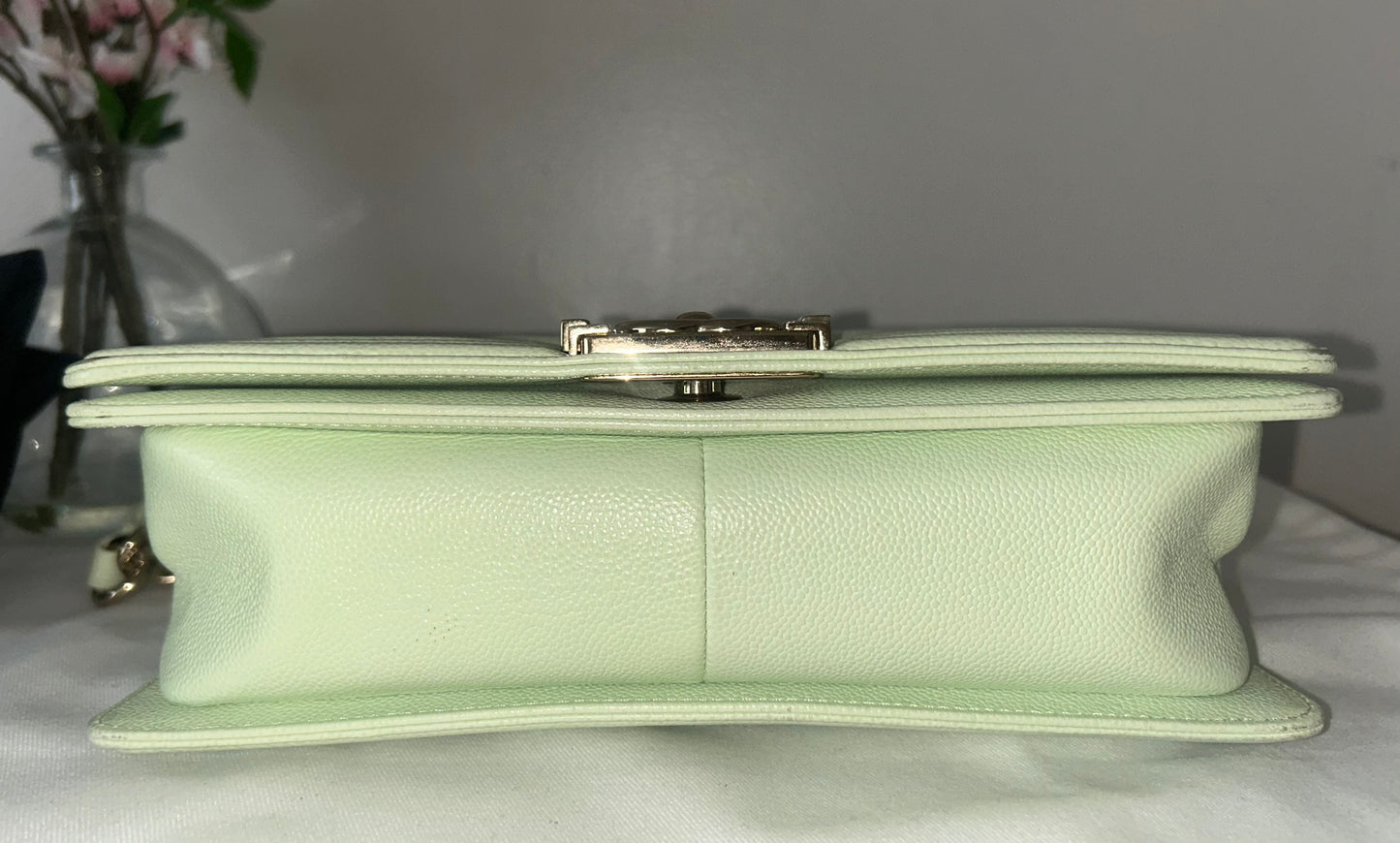 CHANEL Medium Boy Flap Bag Chevron Quilted Caviar Leather Mint Light Green / GHW