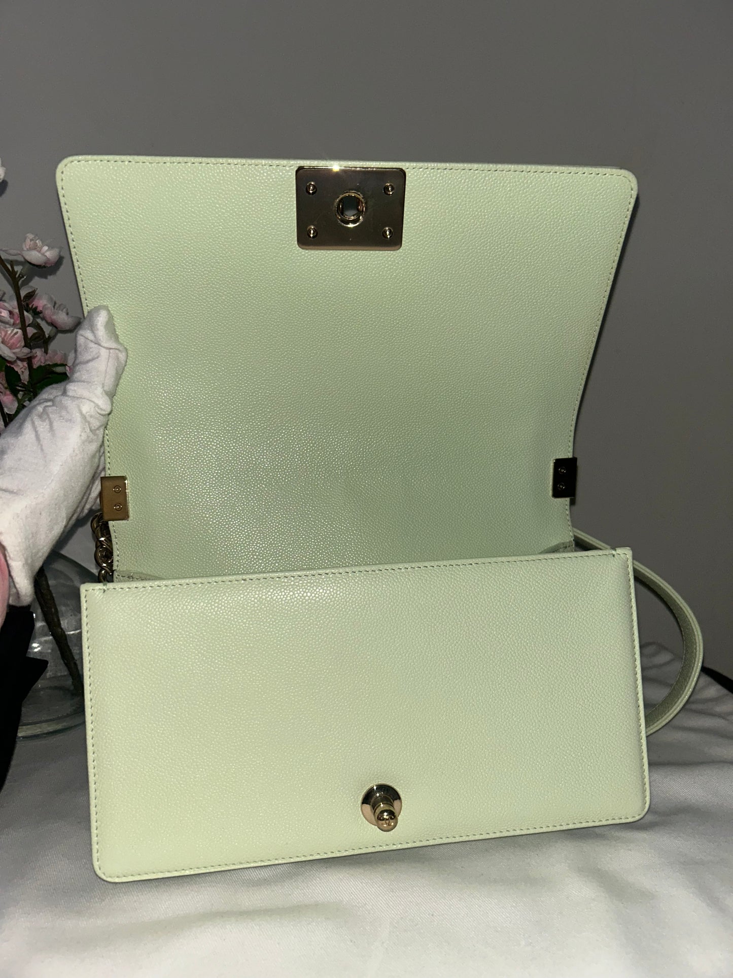 CHANEL Medium Boy Flap Bag Chevron Quilted Caviar Leather Mint Light Green / GHW