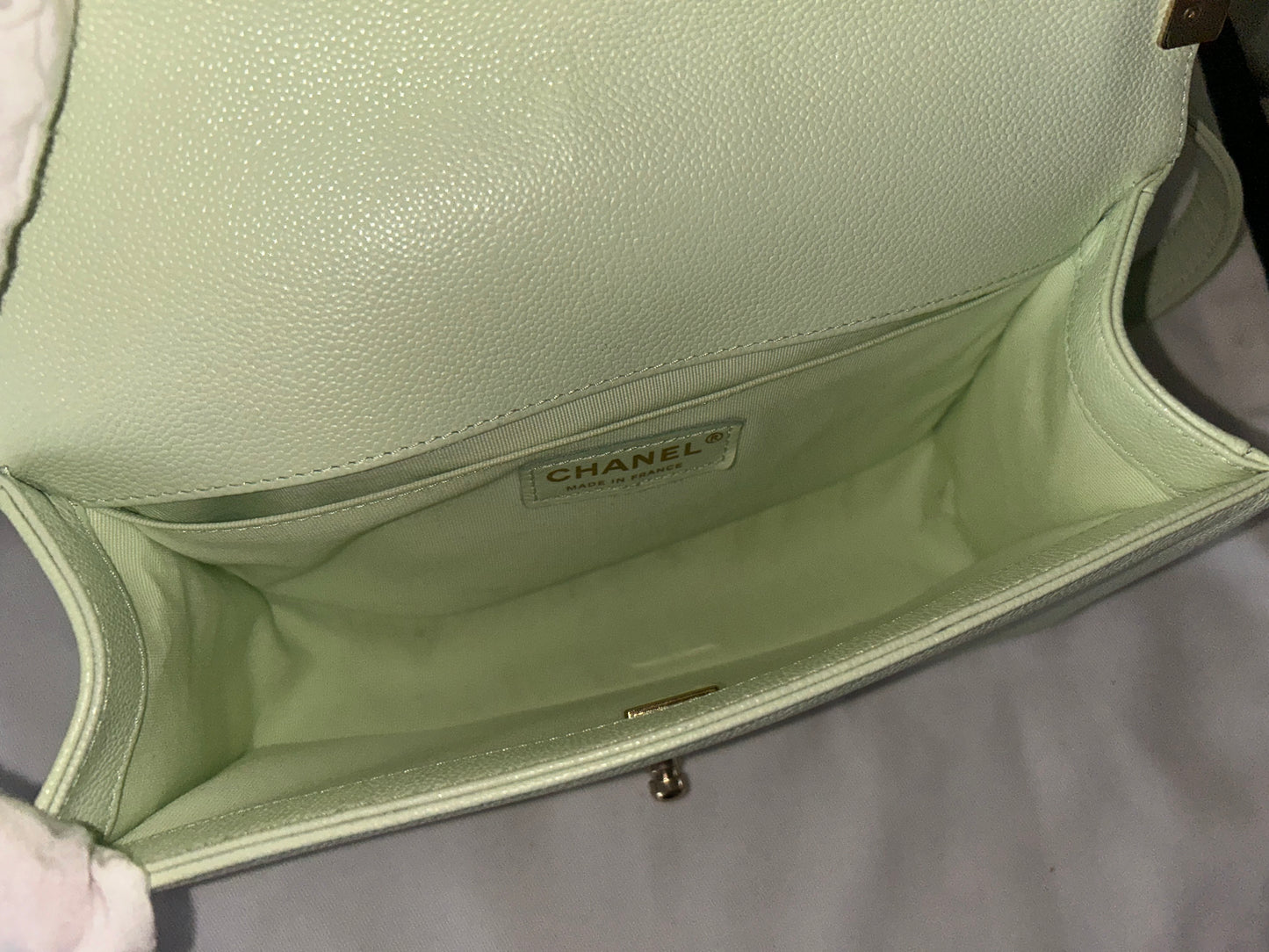 CHANEL Medium Boy Flap Bag Chevron Quilted Caviar Leather Mint Light Green / GHW