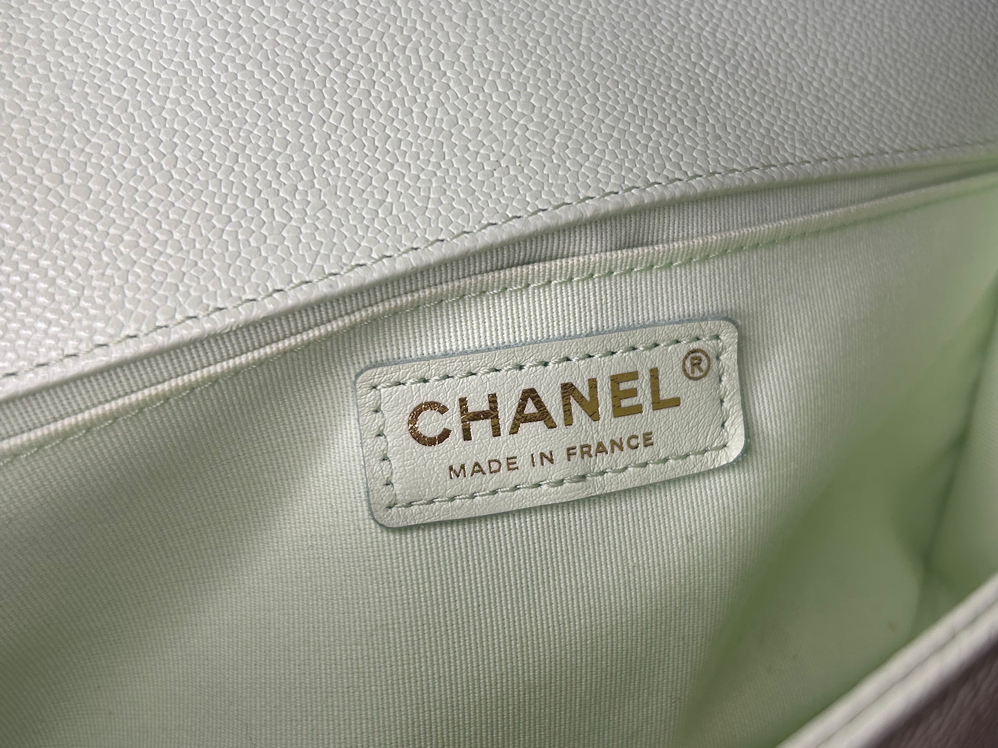 CHANEL Medium Boy Flap Bag Chevron Quilted Caviar Leather Mint Light Green / GHW