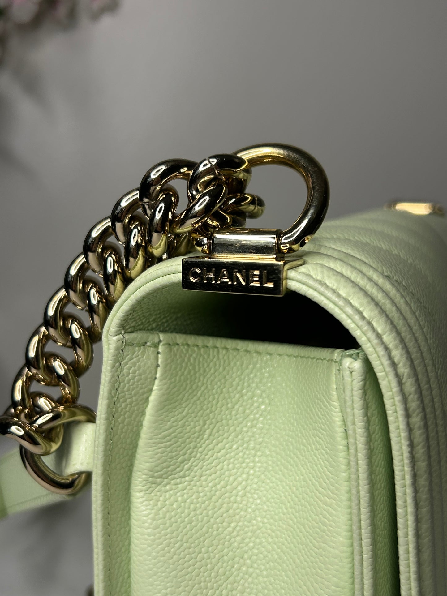 CHANEL Medium Boy Flap Bag Chevron Quilted Caviar Leather Mint Light Green / GHW