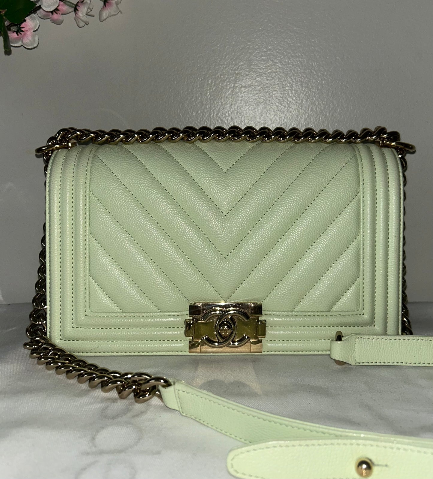 CHANEL Medium Boy Flap Bag Chevron Quilted Caviar Leather Mint Light Green / GHW