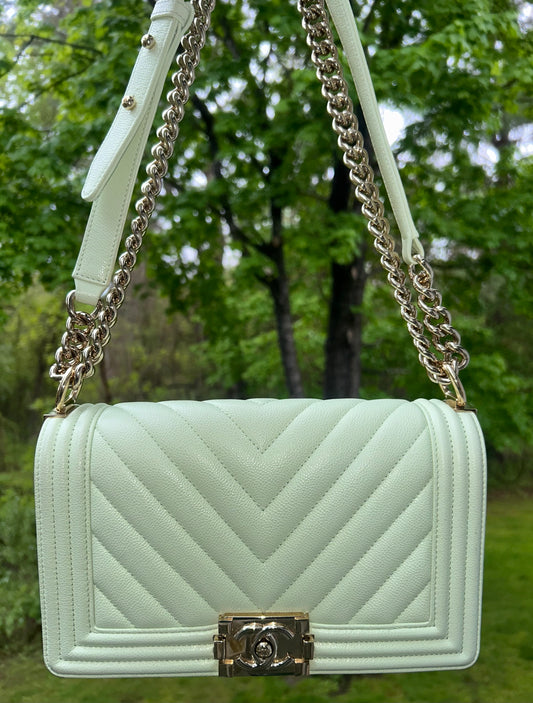 CHANEL Medium Boy Flap Bag Chevron Quilted Caviar Leather Mint Light Green / GHW