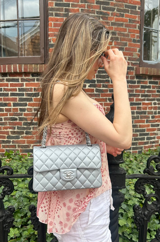 CHANEL Small Classic Double Flap Caviar Quilted Handbag Silver