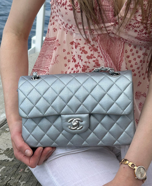CHANEL Small Classic Double Flap Caviar Quilted Handbag Silver