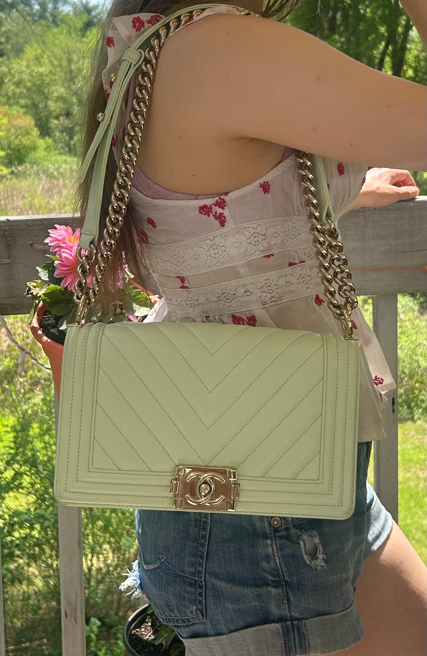 CHANEL Medium Boy Flap Bag Chevron Quilted Caviar Leather Mint Light Green / GHW