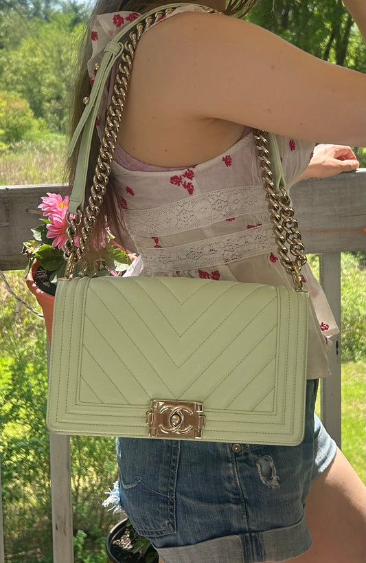 CHANEL Medium Boy Flap Bag Chevron Quilted Caviar Leather Mint Light Green / GHW