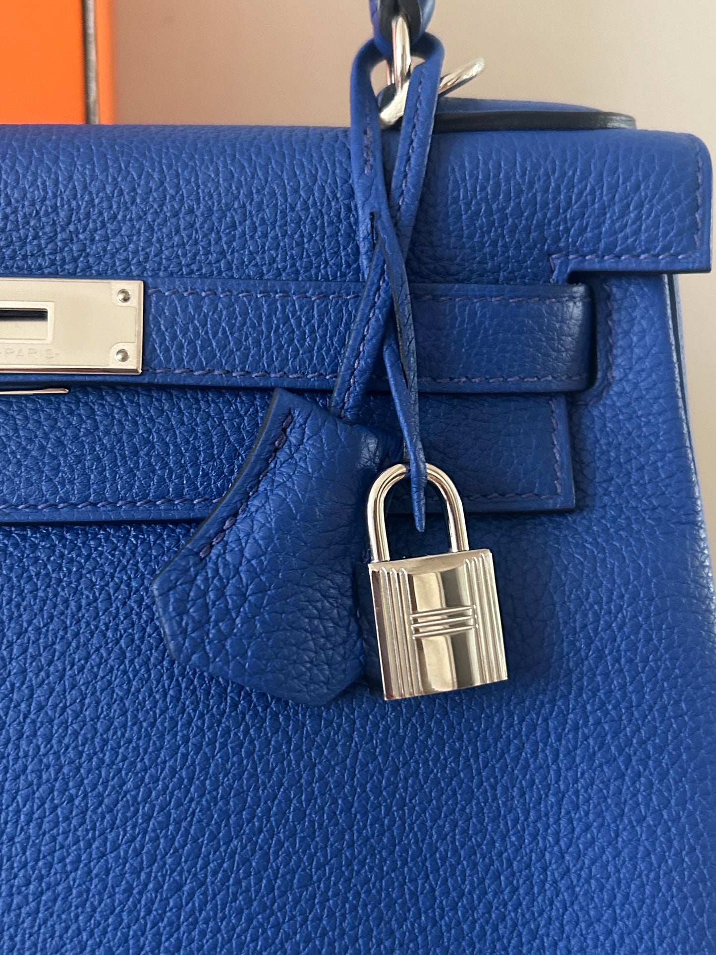 HERMÈS Kelly 28 Bleu Royal Togo Leather Palladium Hardware Handbag