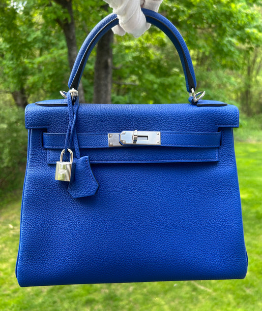 HERMÈS Kelly 28 Bleu Royal Togo Leather Palladium Hardware Handbag