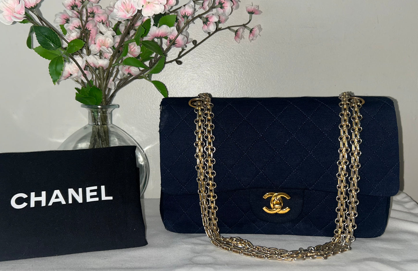 CHANEL Vintage Medium Classic Double Flap Jersey Quilted Handbag Navy / 24K Gold