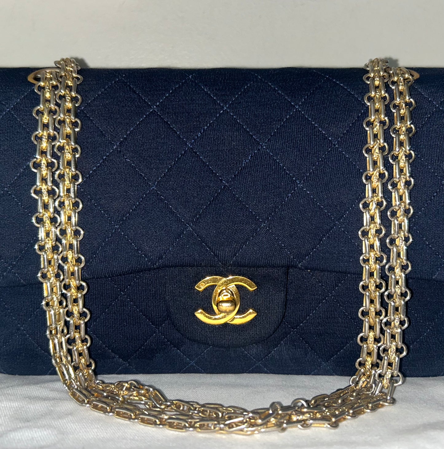 CHANEL Vintage Medium Classic Double Flap Jersey Quilted Handbag Navy / 24K Gold